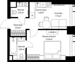 Планировка однокомнатной(квартира) площадью 37.58 квадратных метров в “ЖК Веер”
