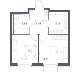Планировка однокомнатной(квартира) площадью 35.83 квадратных метров в ЖК “ЖК Мытищи Парк”