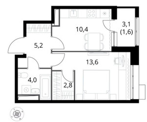 Планировка однокомнатной(квартира) площадью 37.6 квадратных метров в ЖК “ЖК 1-й Саларьевский (Первый Саларьевский)”