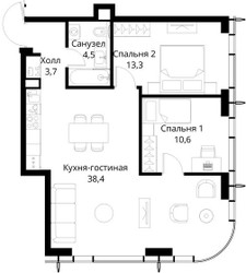 Планировка двухкомнатной(квартира) площадью 70.5 квадратных метров в ЖК “ЖК Сити Бэй”
