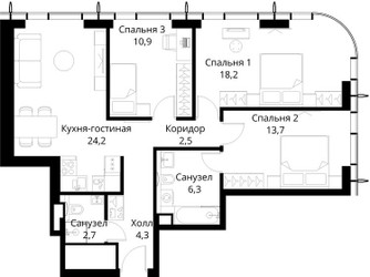 Планировка трехкомнатной(квартира) площадью 82.8 квадратных метров в ЖК “ЖК Сити Бэй”