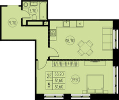 Планировка двухкомнатной(квартира) площадью 51.6 квадратных метров в “ЖК 7 Небо (Седьмое Небо)”