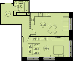 Планировка двухкомнатной(квартира) площадью 51.6 квадратных метров в ЖК “ЖК 7 Небо (Седьмое Небо)”