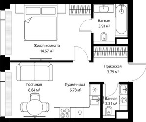 Планировка однокомнатной(квартира) площадью 40.32 квадратных метров в ЖК “ЖК Веер”
