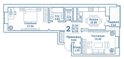 Планировка двухкомнатной(квартира) площадью 61.54 квадратных метров в ЖК “ЖК Новоград Монино”
