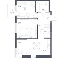 Планировка двухкомнатной(квартира) площадью 56.39 квадратных метров в “ЖК Пригород Лесное”