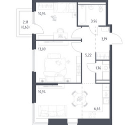 Планировка двухкомнатной(квартира) площадью 56.39 квадратных метров в ЖК “ЖК Пригород Лесное”