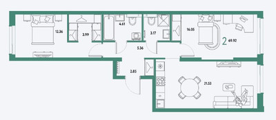 Планировка двухкомнатной(квартира) площадью 69.92 квадратных метров в ЖК “ЖК Страна.Парковая”