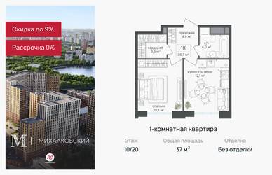 Планировка однокомнатной(квартира) площадью 37 квадратных метров в ЖК “ЖК Михалковский”