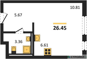 Планировка студии(квартира) площадью 26.45 квадратных метров в “ЖК Мытищи Парк”