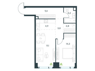Планировка двухкомнатной(квартира) площадью 56.4 квадратных метров в ЖК “ЖК Левел Мичуринский”