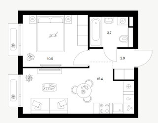 Планировка однокомнатной(квартира) площадью 32.6 квадратных метров в ЖК “ЖК Саларьево парк”