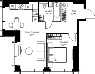 Планировка однокомнатной(квартира) площадью 46.8 квадратных метров в ЖК “ЖК Веер”