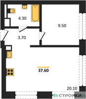 Планировка однокомнатной(квартира) площадью 37.6 квадратных метров в “ЖК Wave (Вейв)”