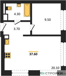 Планировка однокомнатной(квартира) площадью 37.6 квадратных метров в ЖК “ЖК Wave (Вейв)”