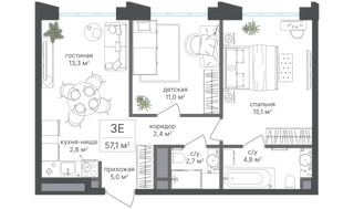 Планировка трехкомнатной(квартира) площадью 57.1 квадратных метров в “ЖК Михалковский”