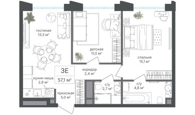 Планировка трехкомнатной(квартира) площадью 57.1 квадратных метров в ЖК “ЖК Михалковский”