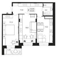 Планировка двухкомнатной(квартира) площадью 65.9 квадратных метров в “ЖК Времена года”
