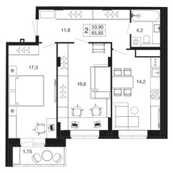 Планировка двухкомнатной(квартира) площадью 65.9 квадратных метров в ЖК “ЖК Времена года”