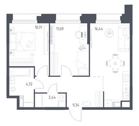 Планировка двухкомнатной(апартаменты) площадью 55.34 квадратных метров в ЖК “ЖК Апарт-отель Тропарево парк”