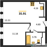 Планировка однокомнатной(квартира) площадью 35.91 квадратных метров в “ЖК Остафьево”