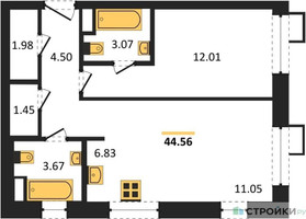 Планировка однокомнатной(апартаменты) площадью 44.56 квадратных метров в “ЖК N’ICE LOFT (Найс Лофт)”