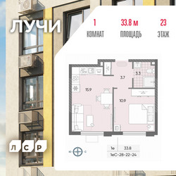 Планировка однокомнатной(квартира) площадью 33.8 квадратных метров в ЖК “ЖК Лучи”