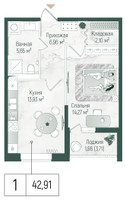 Планировка однокомнатной(квартира) площадью 44.77 квадратных метров в “ЖК Рига Хиллс”
