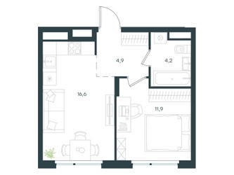 Планировка однокомнатной(квартира) площадью 37.6 квадратных метров в ЖК “ЖК Левел Лесной”