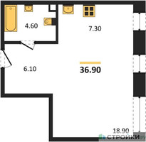 Планировка студии(квартира) площадью 36.9 квадратных метров в “ЖК Shagal (Шагал)”