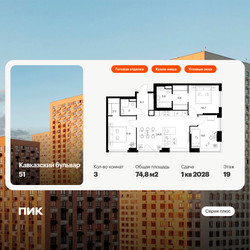 Планировка трехкомнатной(квартира) площадью 74.8 квадратных метров в ЖК “ЖК Кавказский бульвар 51”