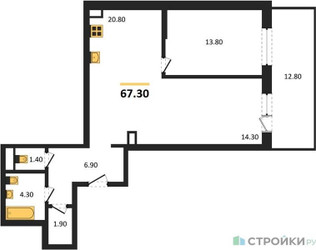 Планировка двухкомнатной(квартира) площадью 67.3 квадратных метров в ЖК “ЖК Foreville (Форевилль)”
