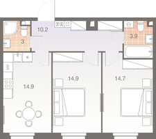 Планировка двухкомнатной(квартира) площадью 61.7 квадратных метров в “ЖК Twelve (Твелв)”