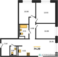Планировка трехкомнатной(квартира) площадью 74.29 квадратных метров в “ЖК ЭкоБунино (Южное Бунино)”