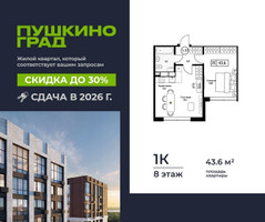 Планировка однокомнатной(квартира) площадью 43.6 квадратных метров в “ЖК Пушкино Град”