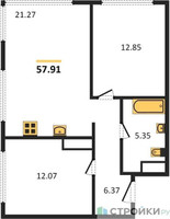 Планировка двухкомнатной(квартира) площадью 58.18 квадратных метров в “ЖК 1-й Нагатинский (Первый Нагатинский)”