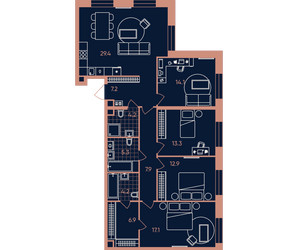 Планировка 4+ комнатной(квартира) площадью 122.5 квадратных метров в ЖК “Квартал Эра”