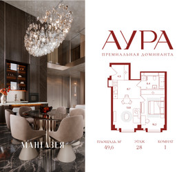 Планировка однокомнатной(квартира) площадью 49.6 квадратных метров в ЖК “ЖК АУРА”
