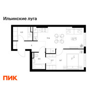 Планировка однокомнатной(квартира) площадью 42.6 квадратных метров в “ЖК Ильинские луга”