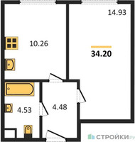 Планировка однокомнатной(квартира) площадью 34.2 квадратных метров в “Жилые кварталы Новое Пушкино”