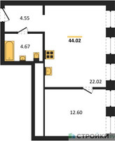 Планировка однокомнатной(апартаменты) площадью 44.02 квадратных метров в “ЖК Insider (Инсайдер)”