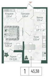 Планировка однокомнатной(квартира) площадью 44.96 квадратных метров в ЖК “ЖК Рига Хиллс”