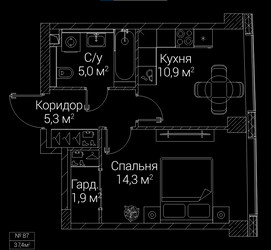 Планировка однокомнатной(квартира) площадью 37.4 квадратных метров в ЖК “ЖК СЕЗАР БУДУЩЕЕ”