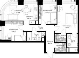 Планировка трехкомнатной(квартира) площадью 85.35 квадратных метров в “ЖК Веер”