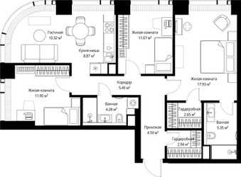 Планировка трехкомнатной(квартира) площадью 85.35 квадратных метров в ЖК “ЖК Веер”