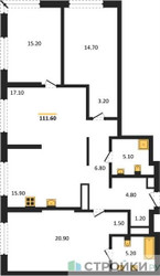 Планировка 4+ комнатной(квартира) площадью 111.6 квадратных метров в ЖК “ЖК Крылатская 33”