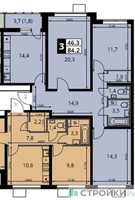 Планировка трехкомнатной(квартира) площадью 84.2 квадратных метров в “ЖК 1-й Южный (Первый Южный)”