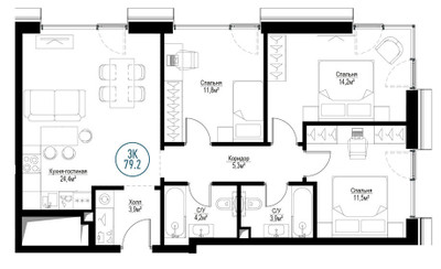 Планировка трехкомнатной(квартира) площадью 78.4 квадратных метров в ЖК “ЖК Метрополия”