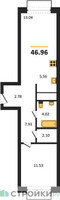 Планировка однокомнатной(квартира) площадью 46.96 квадратных метров в “ЖК Новоград Павлино”