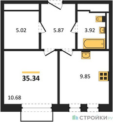 Планировка однокомнатной(квартира) площадью 35.34 квадратных метров в ЖК “ЖК Рублевский Квартал”
